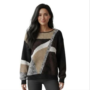 Vintage Y2K Chunky Geometric Sweater - Black, Beige, White